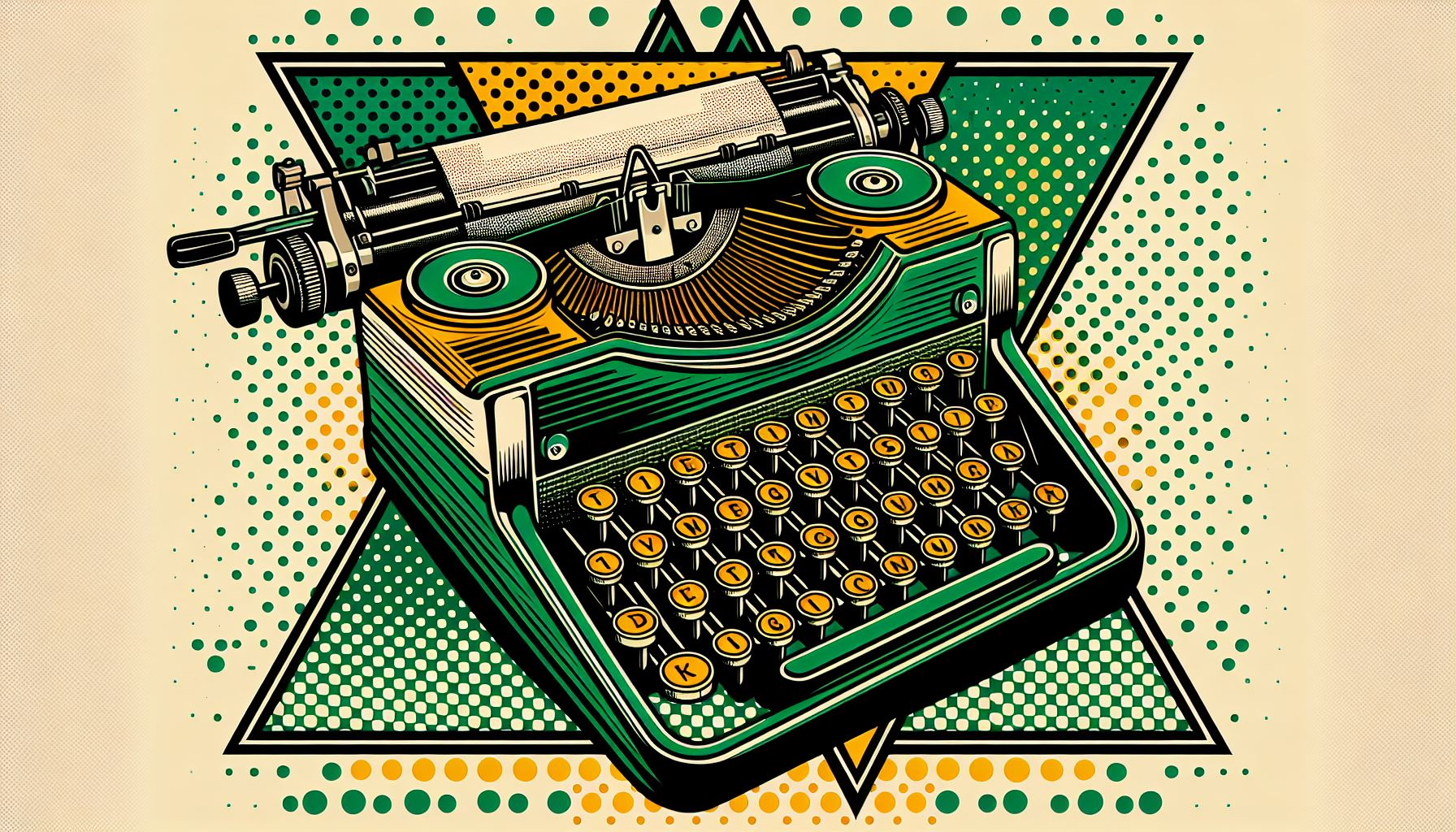 A vibrant 16:9 pop art depiction of a vintage typewriter. The typewriter is adorned with green and yellow accents, and in the background, an inverted triangle adds a touch of intrigue.